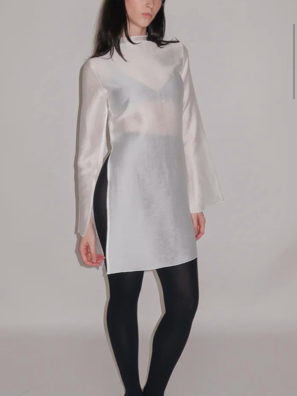 Sheer White Satin Tunic Blouse